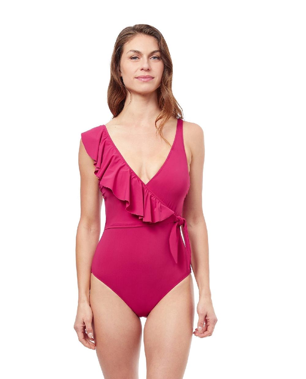 gottex Tutti Frutti V-Neck Surplice Ruffle One Piece Swimsuit Red