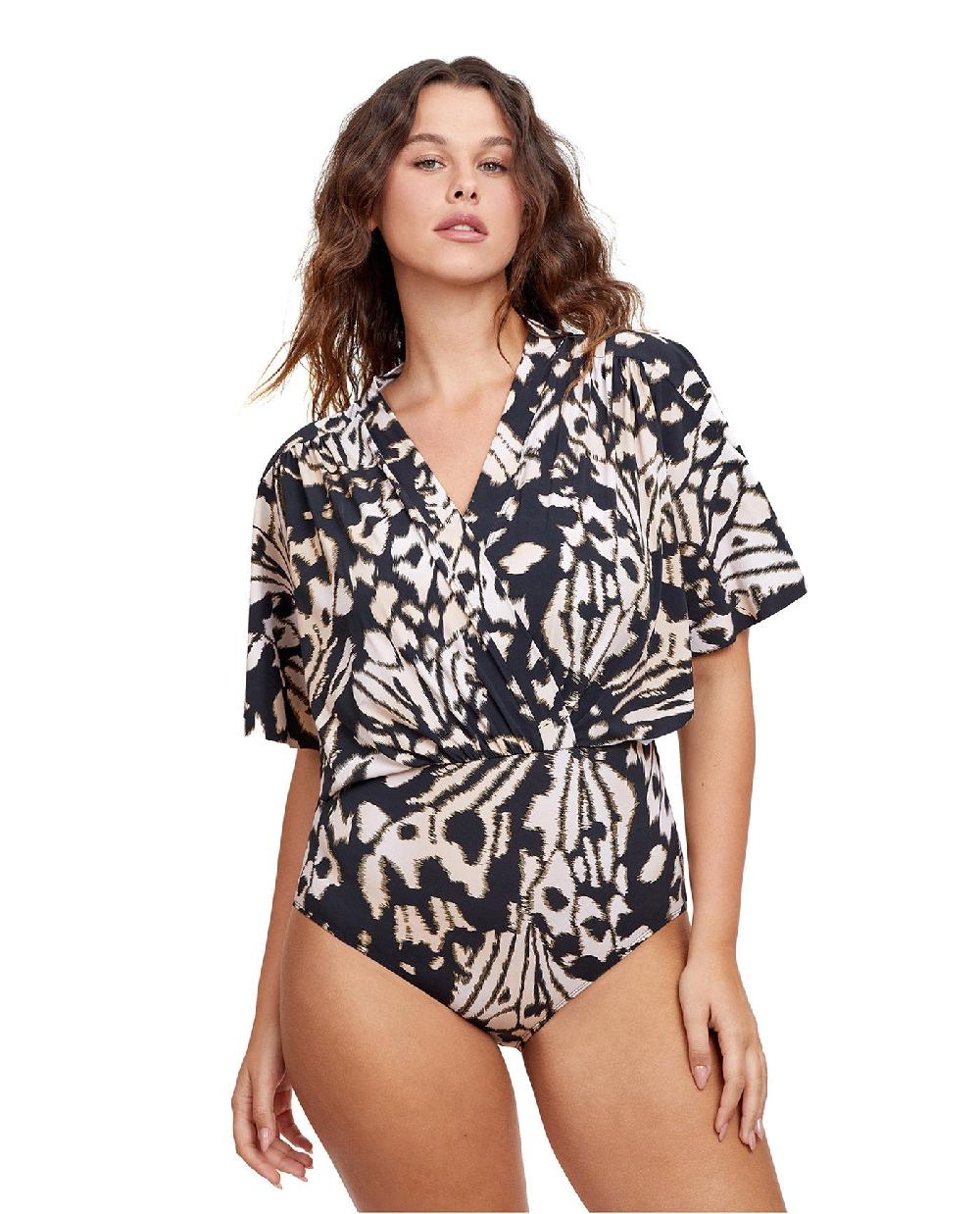 gottex V-Neck Wide Sleeve One Piece Swimsuit/brn Miss
