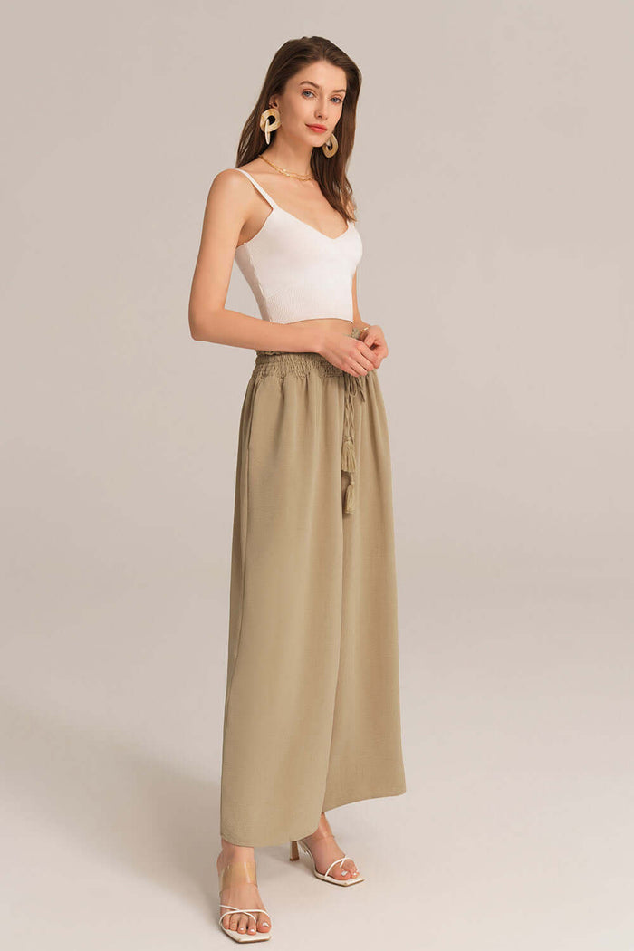 Grace Karin Bohemia Elastic Drawstring Waist Wide-leg Pants - Beige