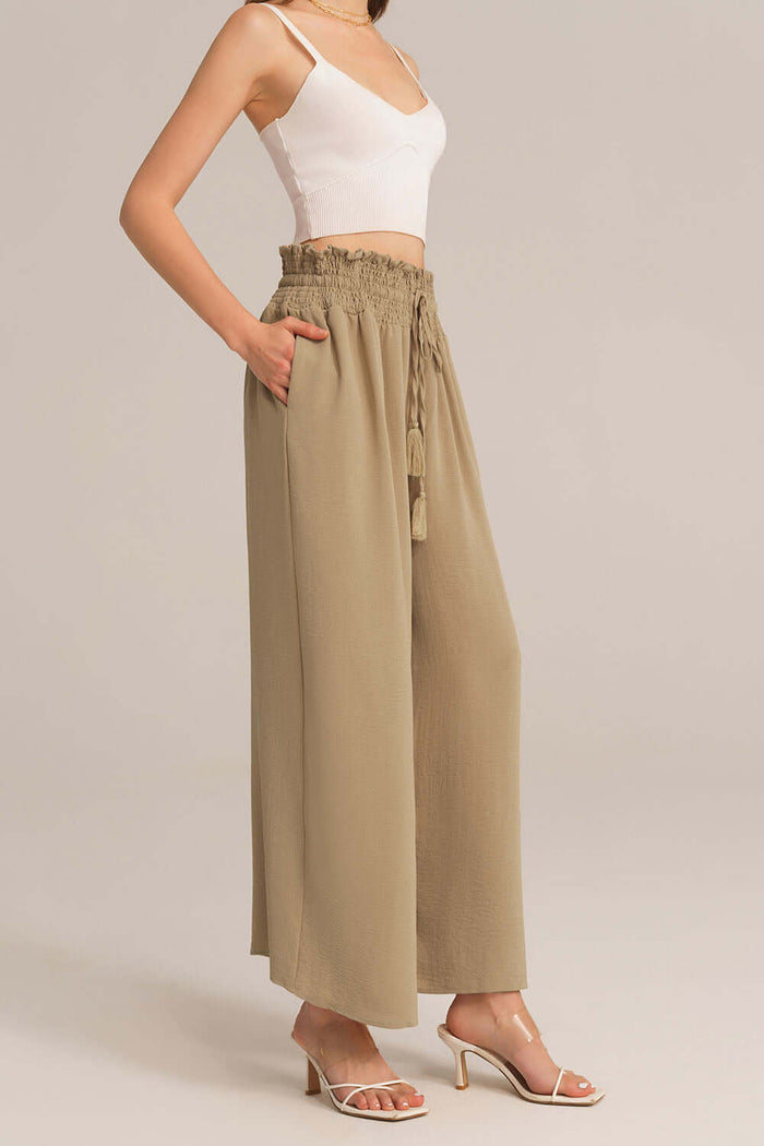 Grace Karin Bohemia Elastic Drawstring Waist Wide-leg Pants - Beige