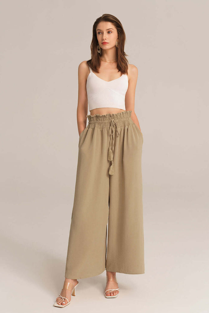 grace karin Bohemia Elastic Drawstring Waist Wide-leg Pants - Beige