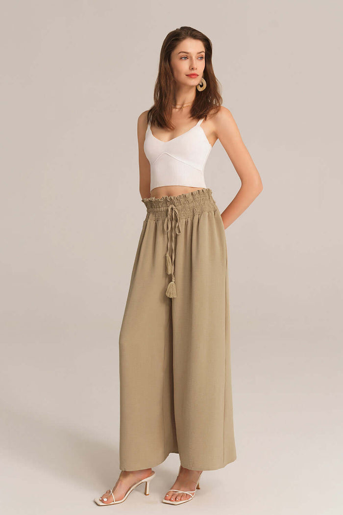 Grace Karin Bohemia Elastic Drawstring Waist Wide-leg Pants - Beige