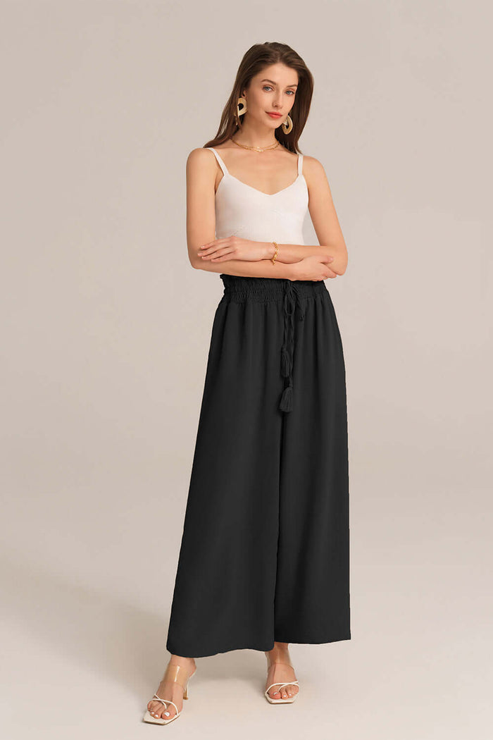 Grace Karin Bohemia Elastic Drawstring Waist Wide-leg Pants - Black