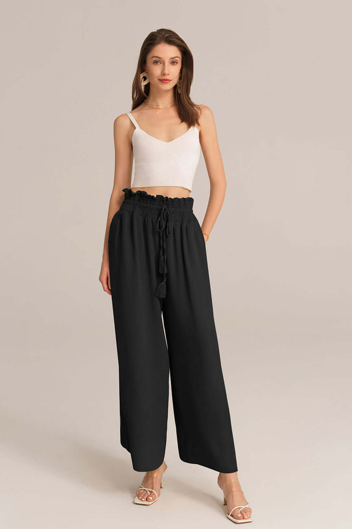 grace karin Bohemia Elastic Drawstring Waist Wide-leg Pants - Black