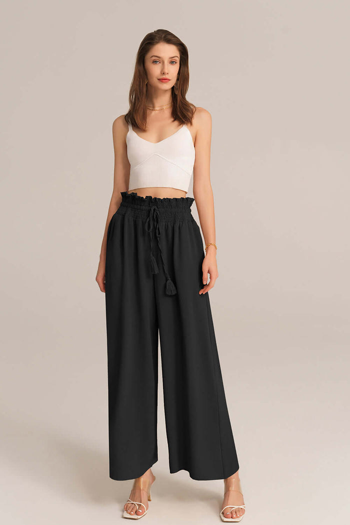 Grace Karin Bohemia Elastic Drawstring Waist Wide-leg Pants - Black