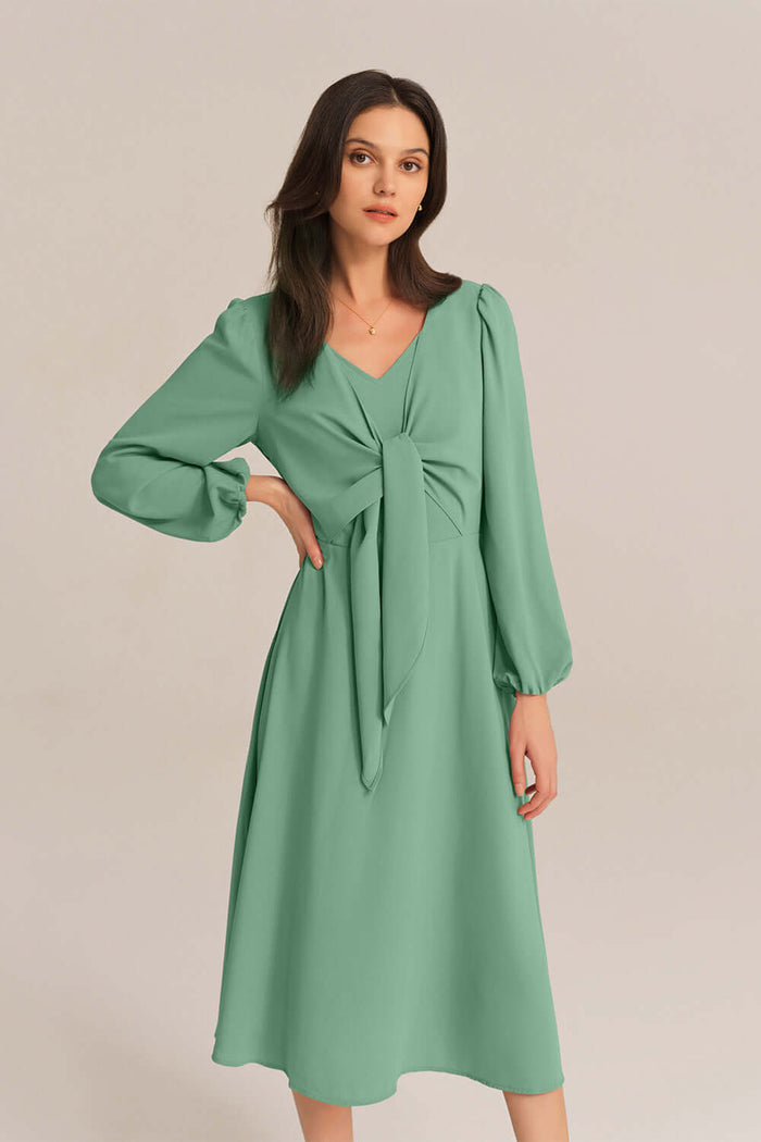 Grace Karin Bow-Knot Long Sleeve Elastic Waist Midi Dress - Green