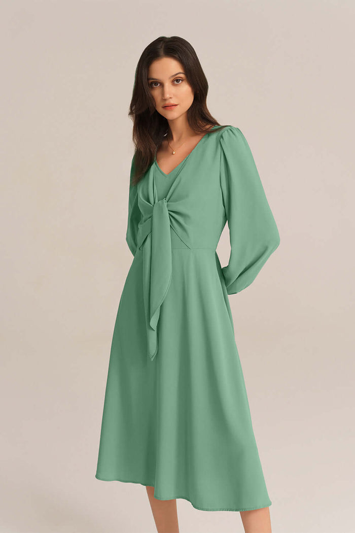Grace Karin Bow-Knot Long Sleeve Elastic Waist Midi Dress - Green