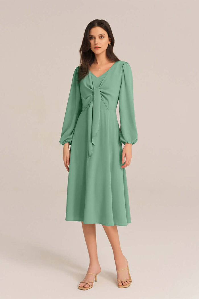 Grace Karin Bow-Knot Long Sleeve Elastic Waist Midi Dress - Green