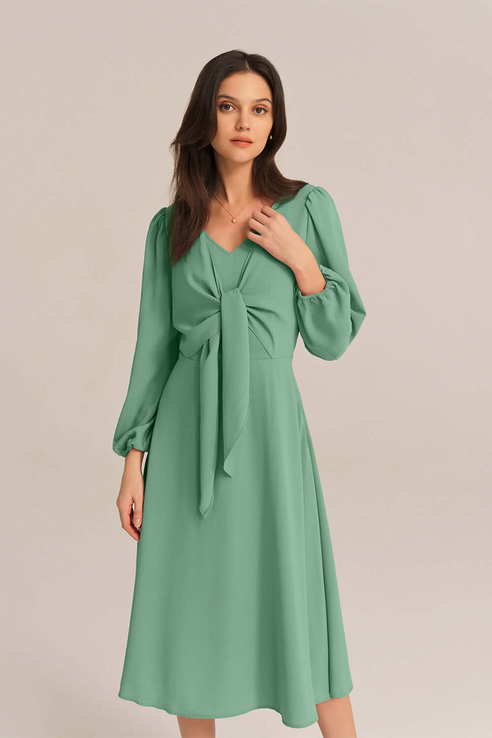 grace karin Bow-Knot Long Sleeve Elastic Waist Midi Dress - Green