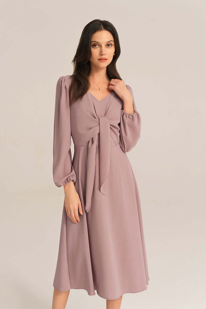 Grace Karin Bow-Knot Long Sleeve Elastic Waist Midi Dress - Pink