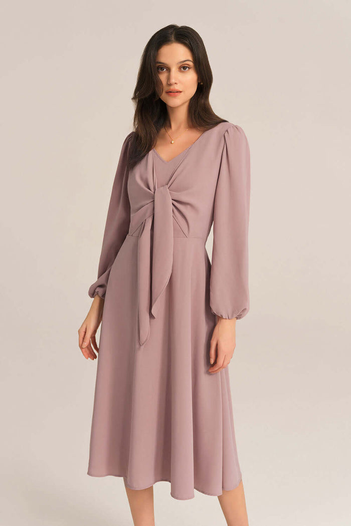 Grace Karin Bow-Knot Long Sleeve Elastic Waist Midi Dress - Pink