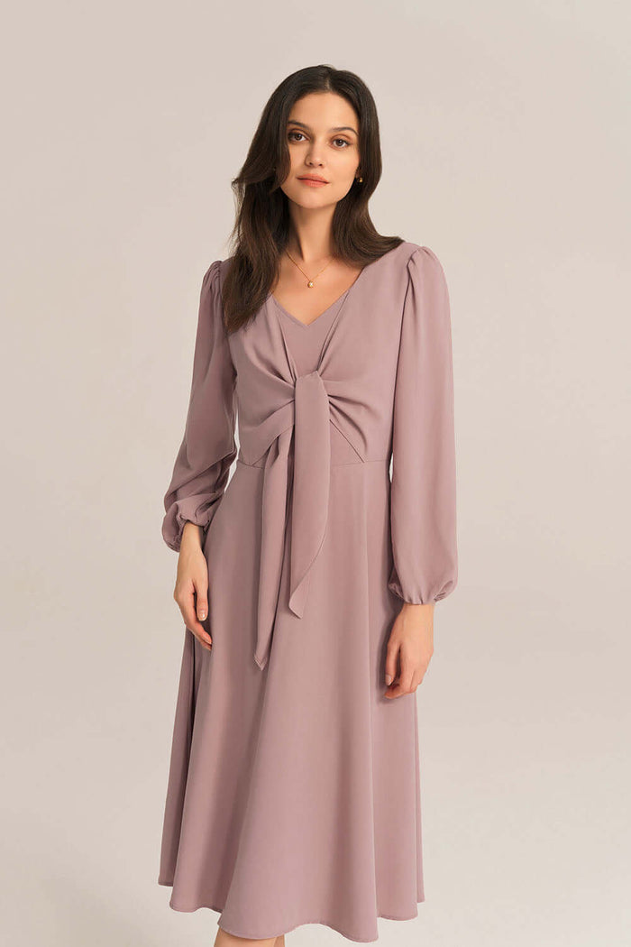 Grace Karin Bow-Knot Long Sleeve Elastic Waist Midi Dress - Pink
