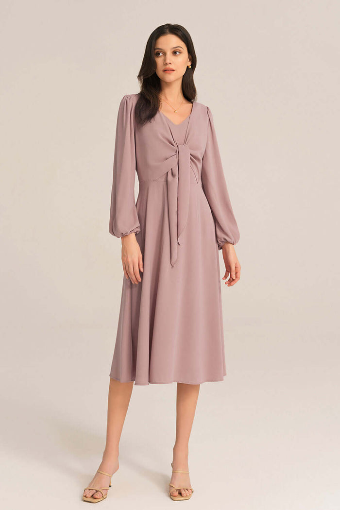 grace karin Bow-Knot Long Sleeve Elastic Waist Midi Dress - Pink