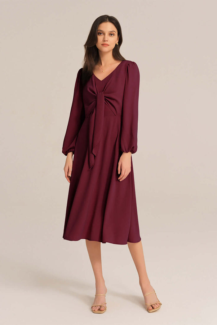 Grace Karin Bow-Knot Long Sleeve Elastic Waist Midi Dress - Red