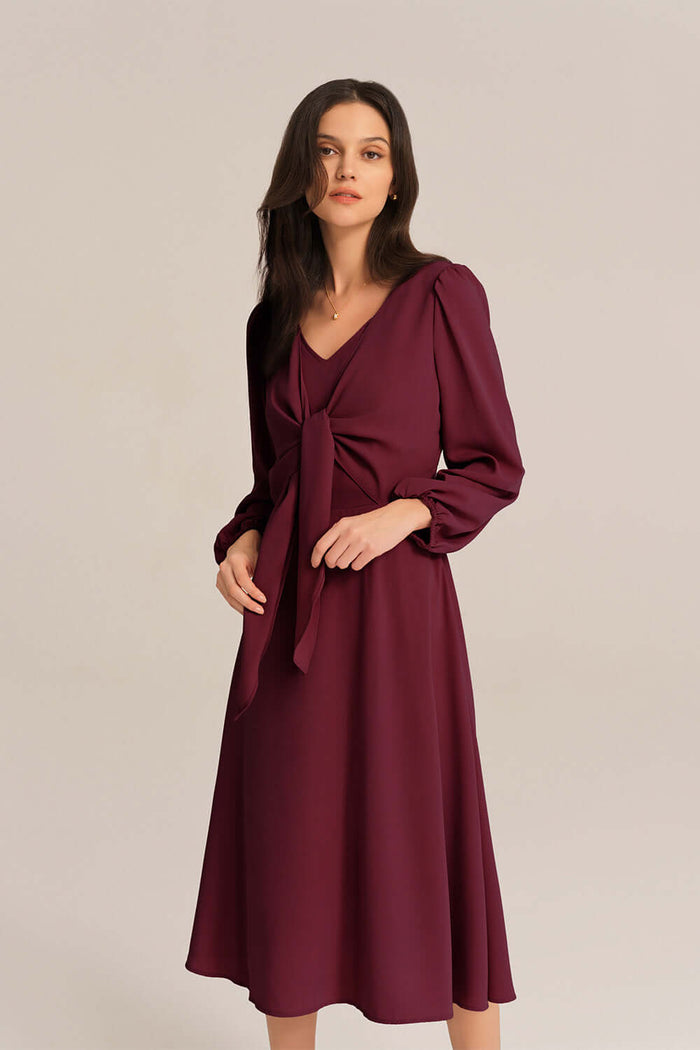 Grace Karin Bow-Knot Long Sleeve Elastic Waist Midi Dress - Red