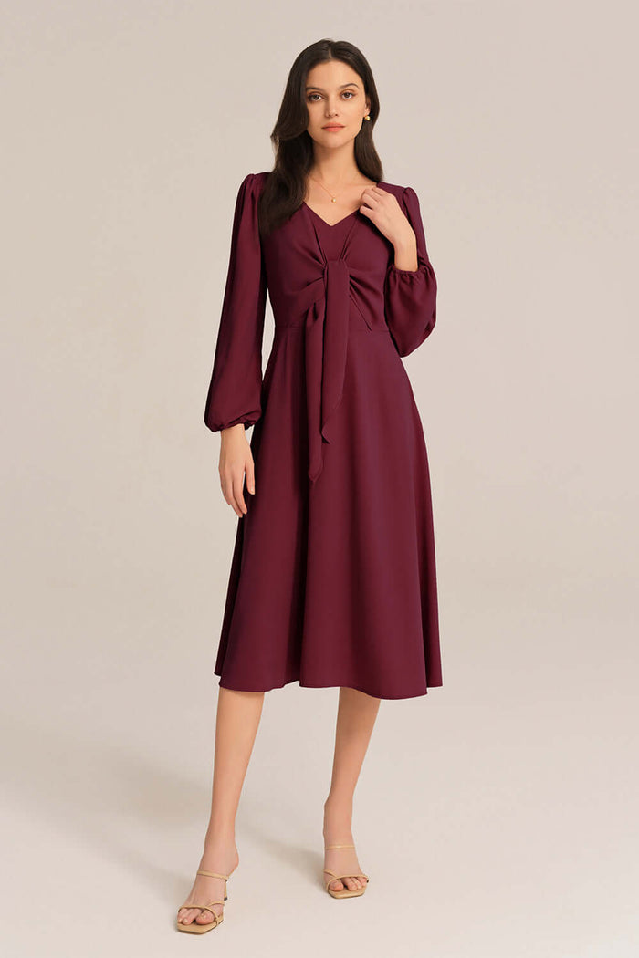 grace karin Bow-Knot Long Sleeve Elastic Waist Midi Dress - Red