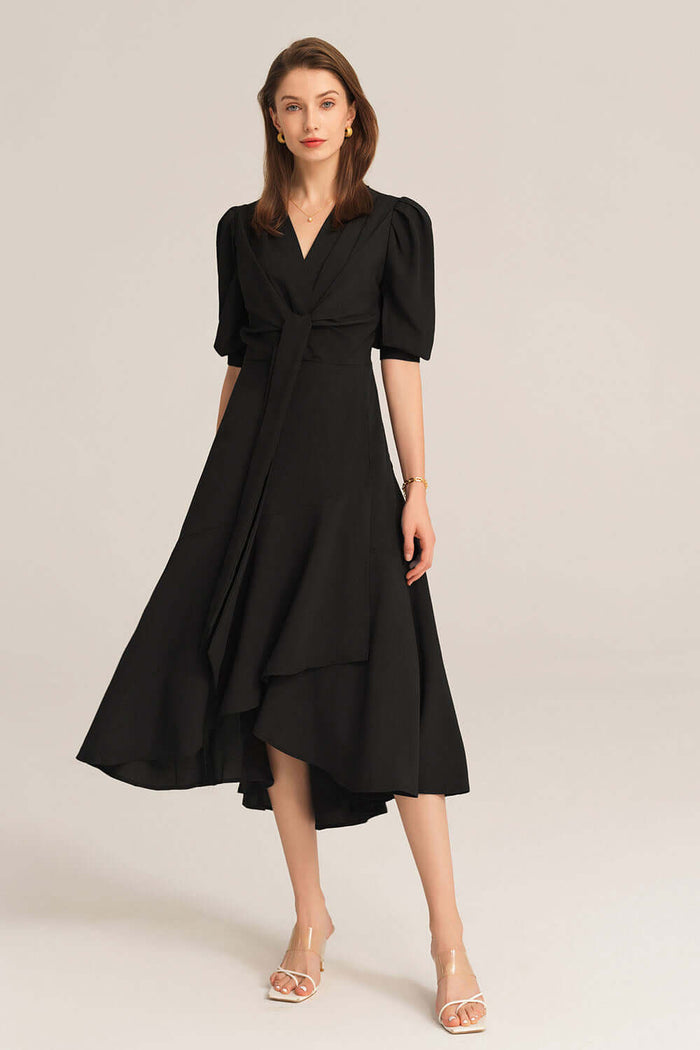 Grace Karin Bow-Knot Wrap Hem V-Neck 3/4 Sleeve Midi Dress - Black