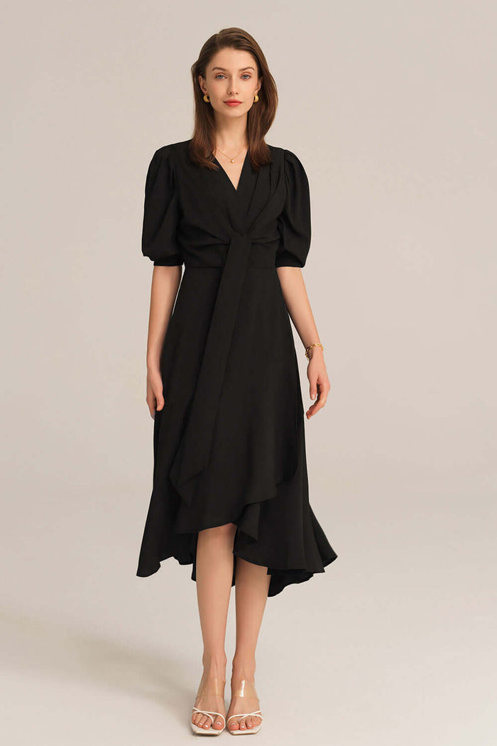 Grace Karin Bow-Knot Wrap Hem V-Neck 3/4 Sleeve Midi Dress - Black