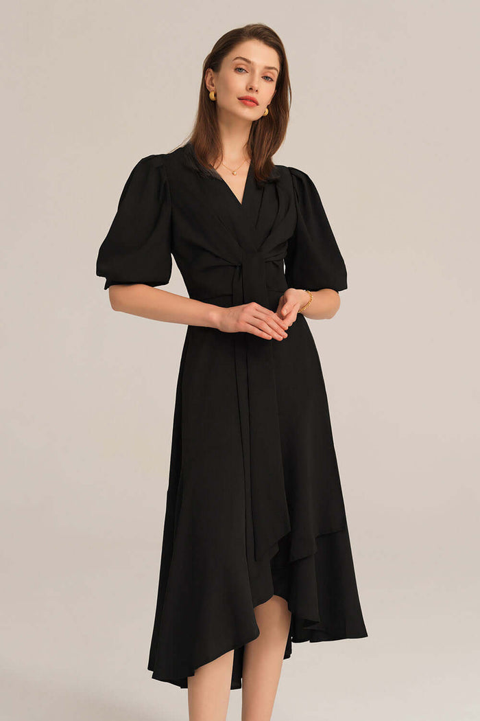 Grace Karin Bow-Knot Wrap Hem V-Neck 3/4 Sleeve Midi Dress - Black