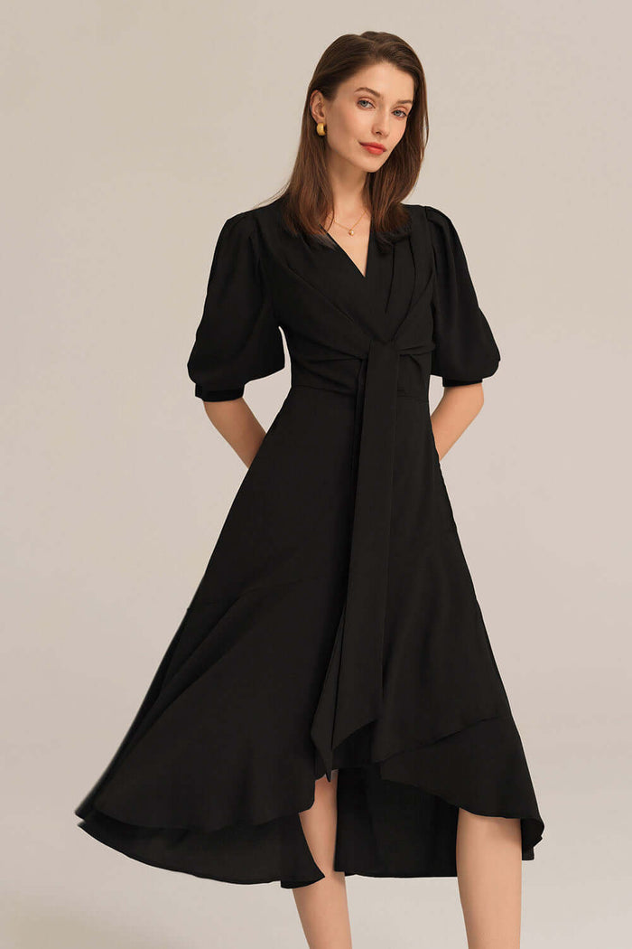 grace karin Bow-Knot Wrap Hem V-Neck 3/4 Sleeve Midi Dress - Black