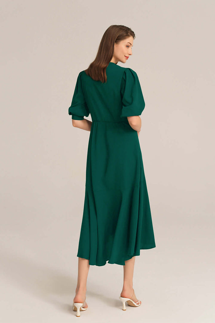 Grace Karin Bow-Knot Wrap Hem V-Neck 3/4 Sleeve Midi Dress - Green