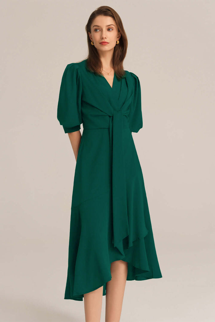Grace Karin Bow-Knot Wrap Hem V-Neck 3/4 Sleeve Midi Dress - Green