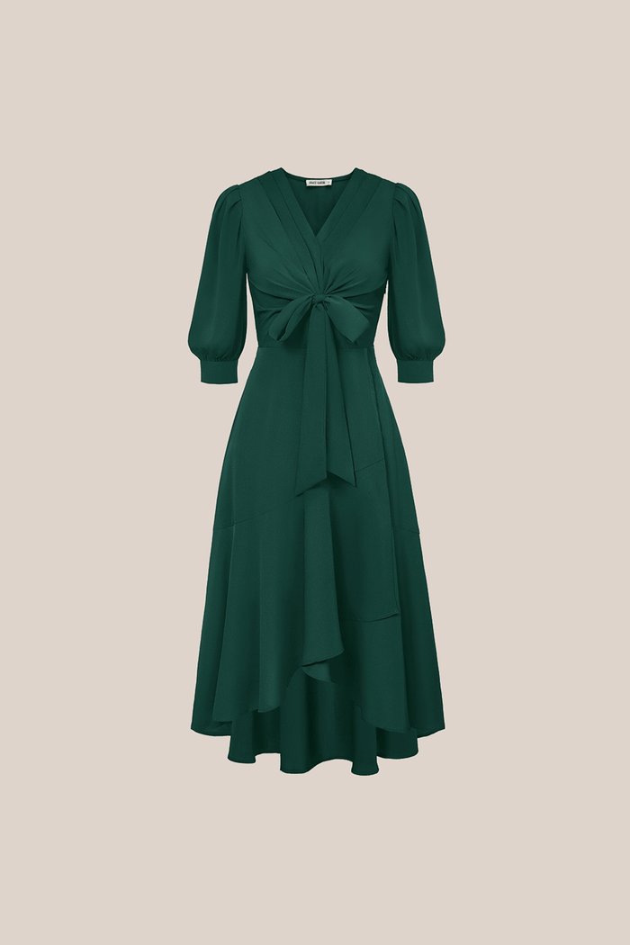 Grace Karin Bow-Knot Wrap Hem V-Neck 3/4 Sleeve Midi Dress - Green