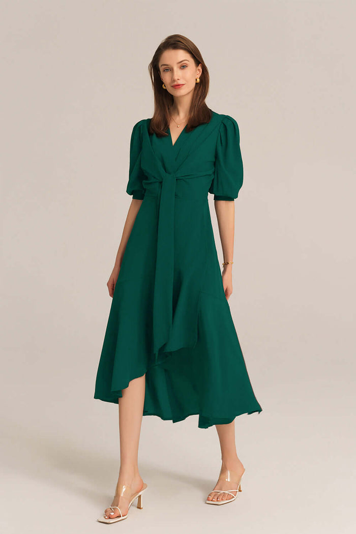 grace karin Bow-Knot Wrap Hem V-Neck 3/4 Sleeve Midi Dress - Green