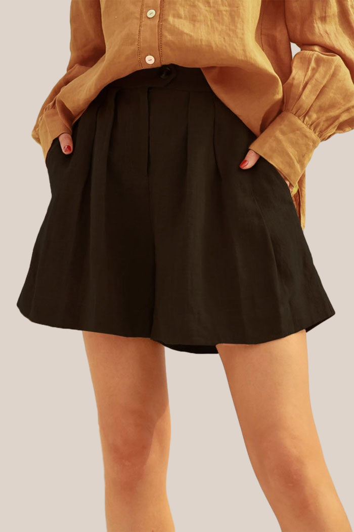 grace karin Breathable Elastic Waist Pleated Linen Short Pants - Black