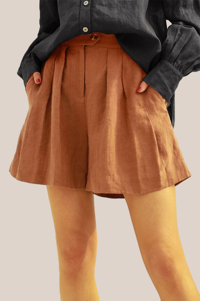 grace karin Breathable Elastic Waist Pleated Linen Short Pants - Brown
