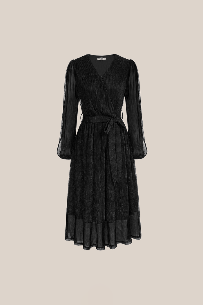 Grace Karin Casua Surplice V-Neck Long Sleeve Flared Midi Dress - Black