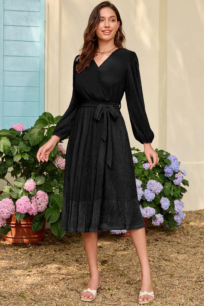 grace karin Casua Surplice V-Neck Long Sleeve Flared Midi Dress - Black