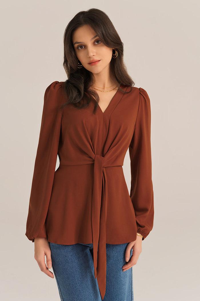 Grace Karin Casual Bow-Knot V-Neck Long Sleeve A-Line Tops - Brown