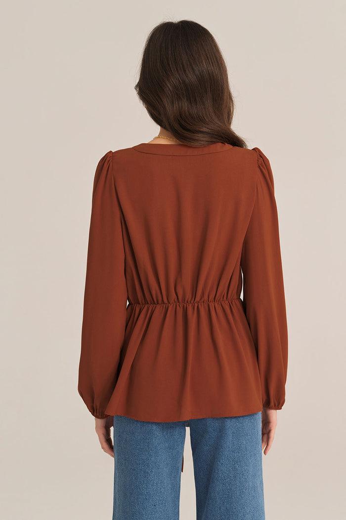 Grace Karin Casual Bow-Knot V-Neck Long Sleeve A-Line Tops - Brown