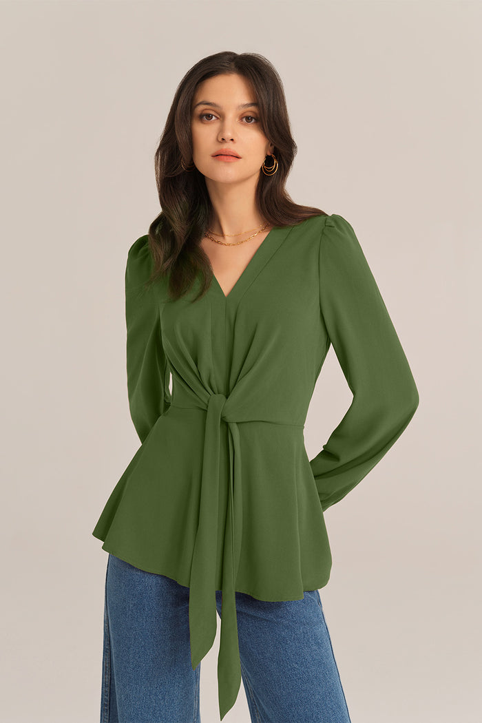 Grace Karin Casual Bow-Knot V-Neck Long Sleeve A-Line Tops - Green
