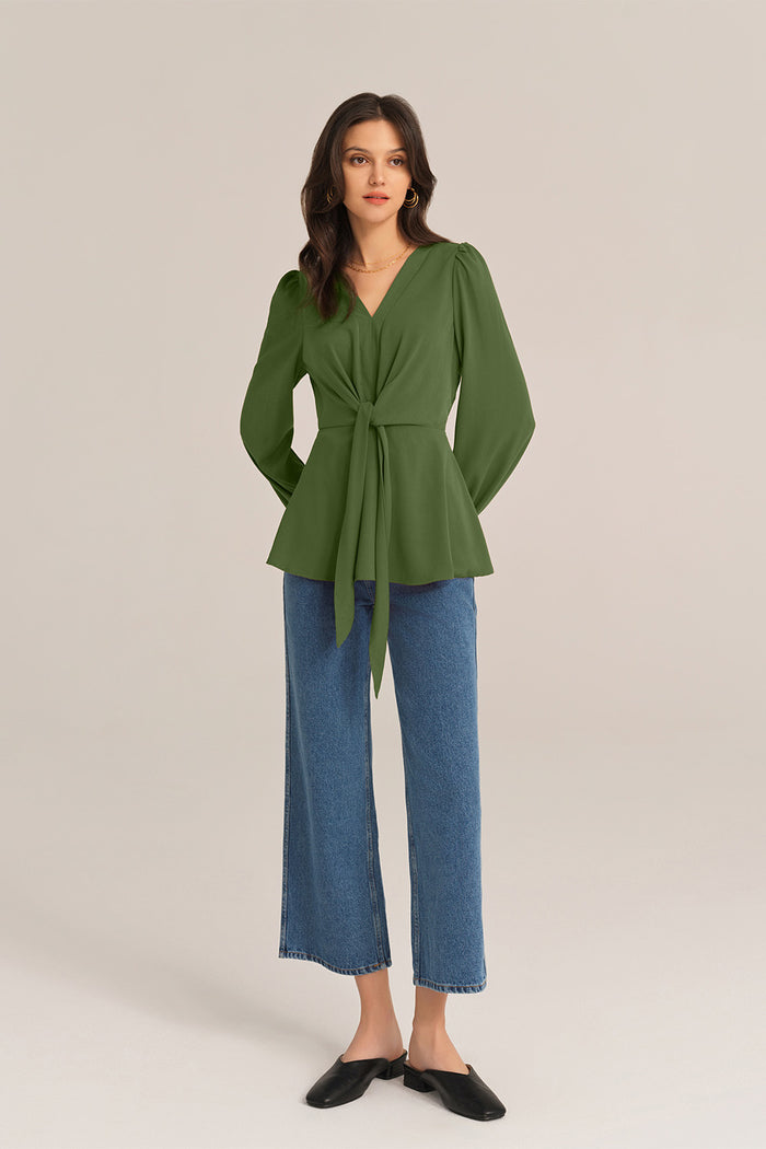 Grace Karin Casual Bow-Knot V-Neck Long Sleeve A-Line Tops - Green