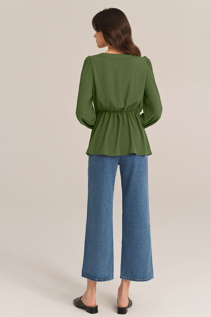 Grace Karin Casual Bow-Knot V-Neck Long Sleeve A-Line Tops - Green