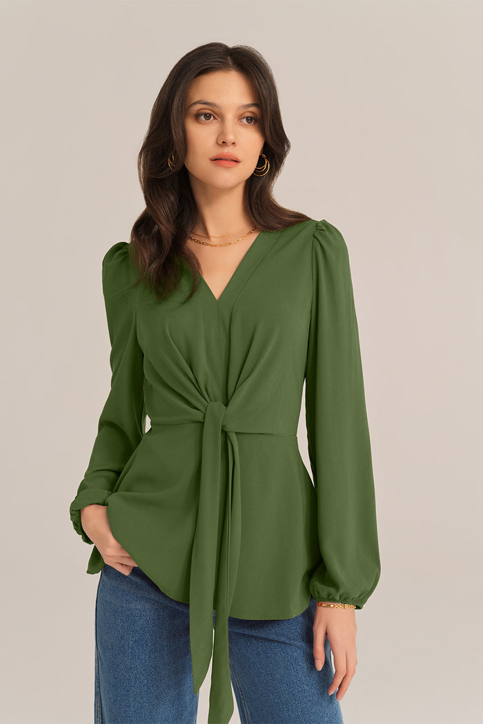 grace karin Casual Bow-Knot V-Neck Long Sleeve A-Line Tops - Green