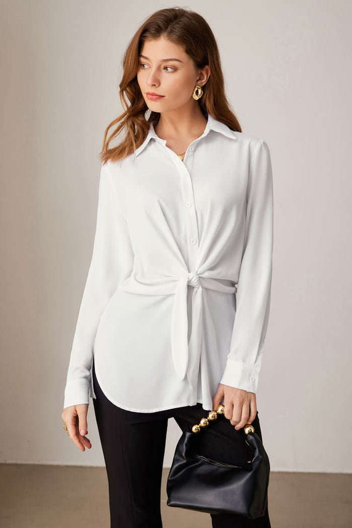 Grace Karin Casual Button Down Belted Slit Long Sleeve Blouse