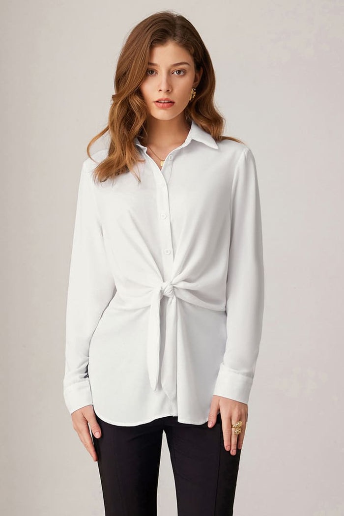 grace karin Casual Button Down Belted Slit Long Sleeve Blouse