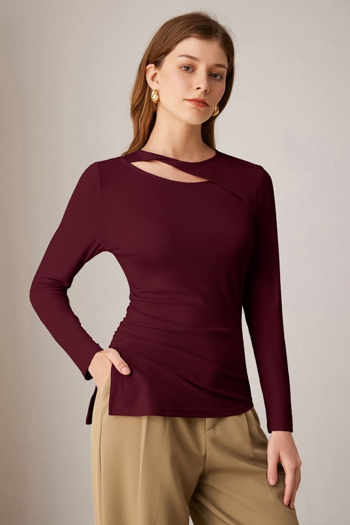 Grace Karin Casual Crewneck Cutout Ruched Slit Long Sleeve Tops