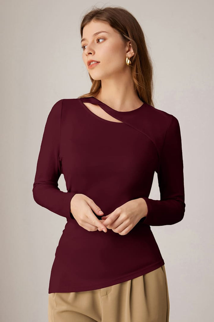 Grace Karin Casual Crewneck Cutout Ruched Slit Long Sleeve Tops