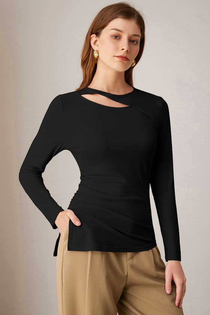 grace karin Casual Crewneck Cutout Ruched Slit Long Sleeve Tops