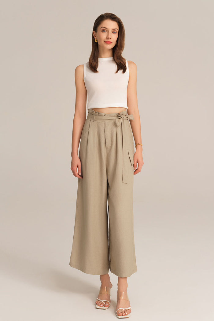 Grace Karin Casual Elastic Waist Wide Leg Ankle Palazzo Capri Pants - Apricot