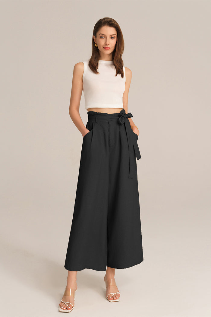 grace karin Casual Elastic Waist Wide Leg Ankle Palazzo Capri Pants - Black