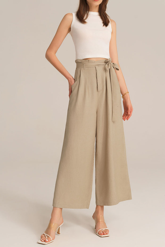 Grace Karin Casual Elastic Waist Wide Leg Ankle Palazzo Capri Pants - Apricot