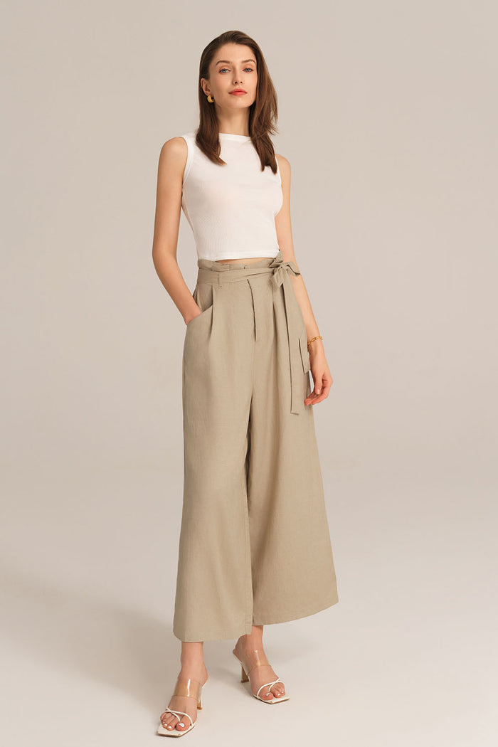 grace karin Casual Elastic Waist Wide Leg Ankle Palazzo Capri Pants - Apricot