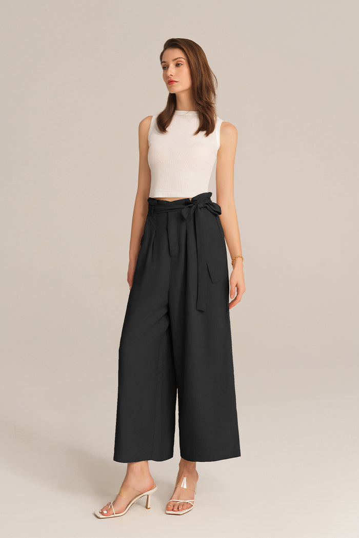 Grace Karin Casual Elastic Waist Wide Leg Ankle Palazzo Capri Pants - Black