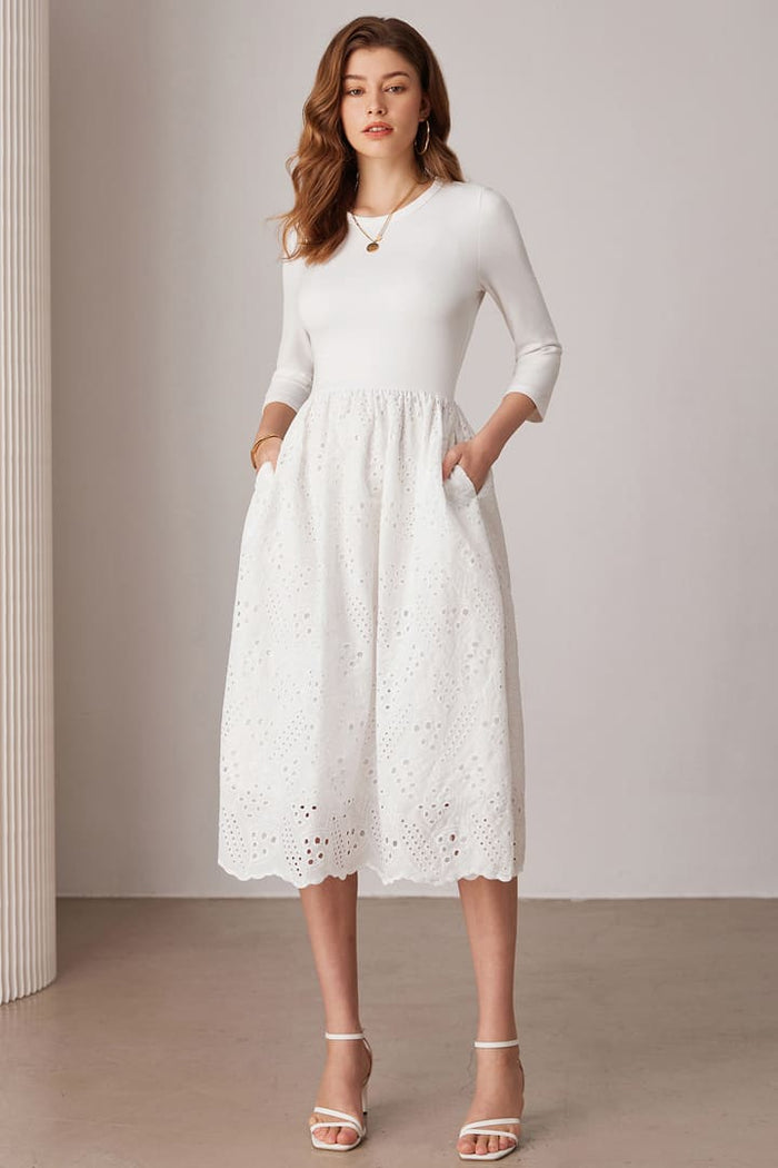 Grace Karin Casual Eyelet Empire Waist 3/4 Sleeve Midi Dress