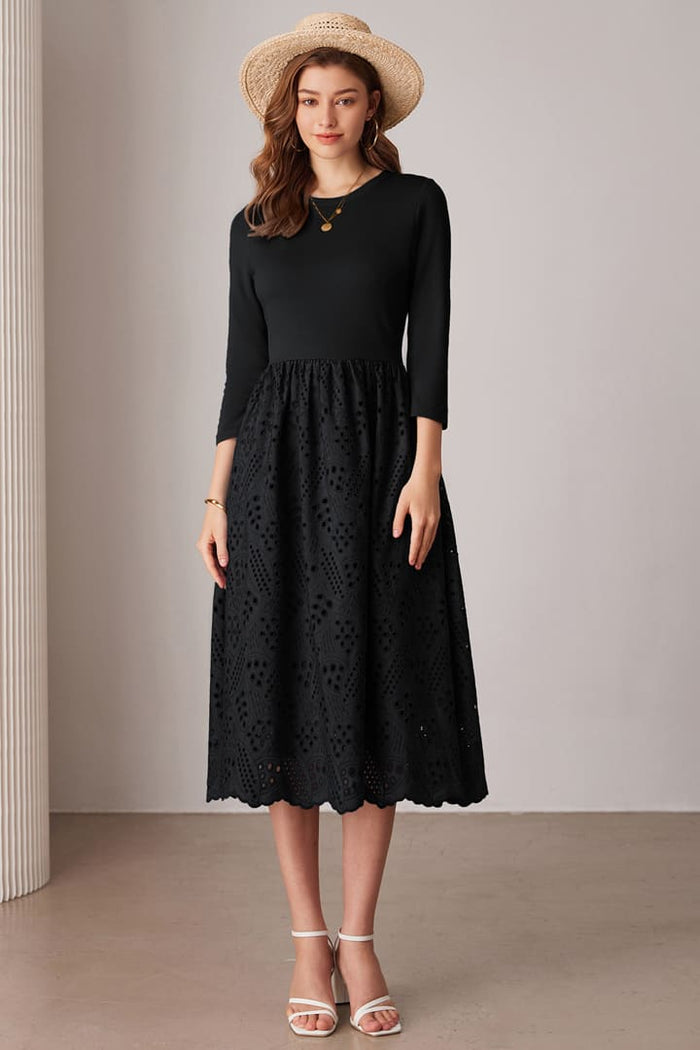 Grace Karin Casual Eyelet Empire Waist 3/4 Sleeve Midi Dress
